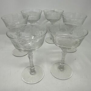 6 Vintage 1940's Libbey Rock Sharpe Arctic Rose Halifax Champagne Glasses 6 1/8"